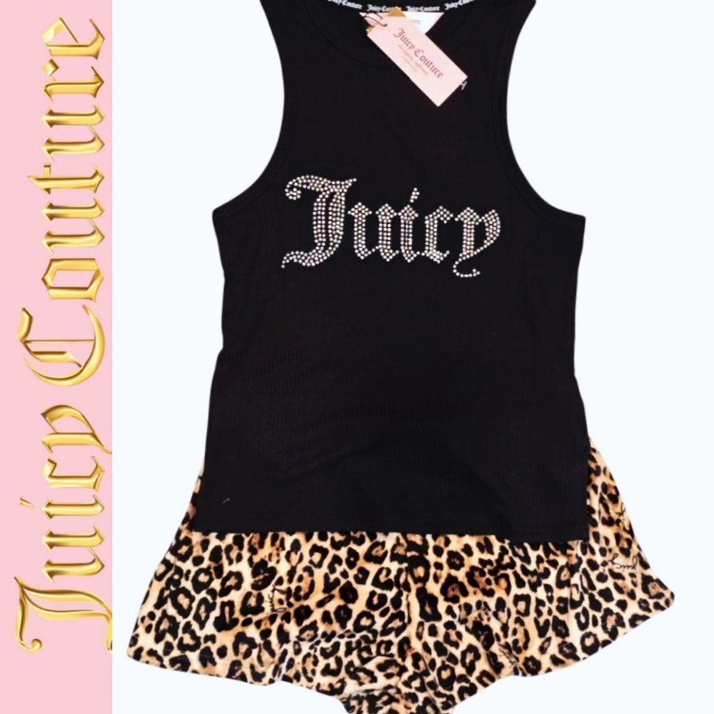 Juicy Couture Black Rhinestone Logo Tank & Leopard Print Shorts Sleep Set